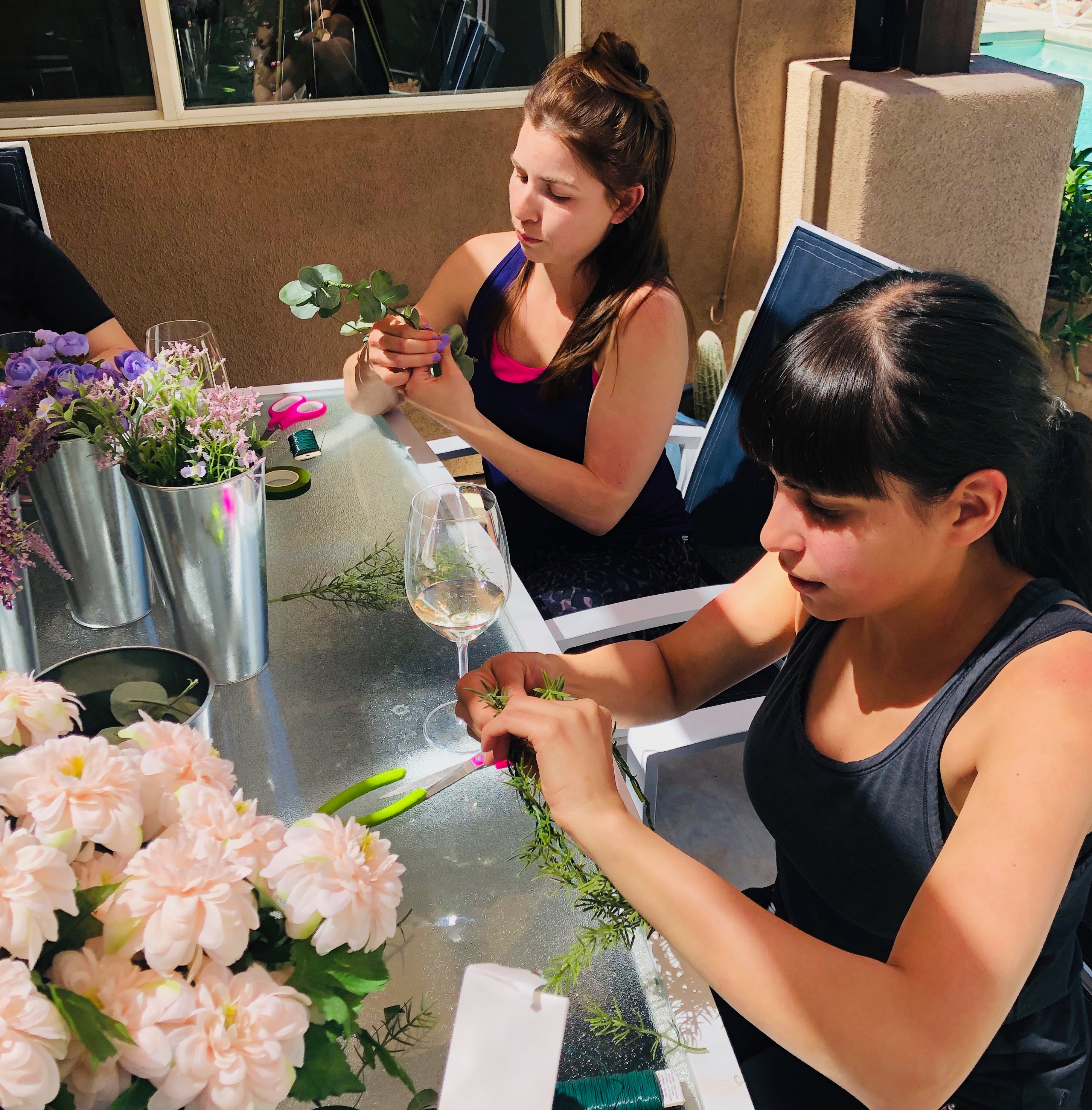 making flower crowns for a palm springs bachelorette party 